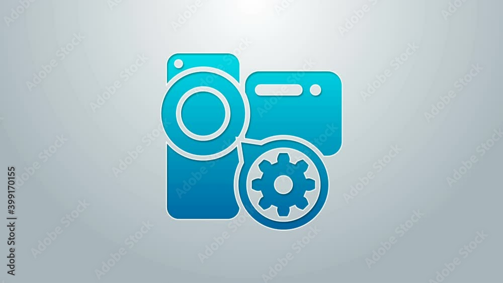 Blue line Video camera and gear icon isolated on grey background. Adjusting app, service concept, setting options, maintenance, repair, fixing. 4K Video motion graphic animation Blue line Video camera and gear icon isolated on grey background. Adjusting app, service concept, setting options, maintenance, repair, fixing. 4K Video motion graphic animation