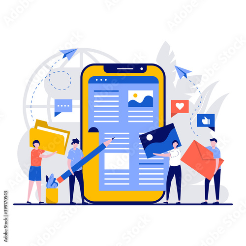 People create online content concept with tiny character. Freelance stand near big smartphone holding pictures, documents files flat illustration. Creative blogging, writing creation metaphor © VZ_Art