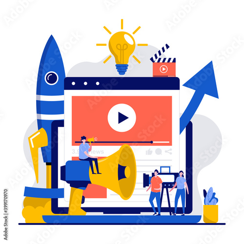 Video marketing campaign concept with tiny character. People creating content, streaming live vlog flat vector illustration. Social networks media, increase sales strategy, product overview metaphor
