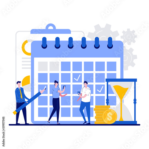 Business planning, schedule, work control concept with tiny character. People with a phone checks the list of plans and pencil makes notes flat vector illustration. Management, organization metaphor