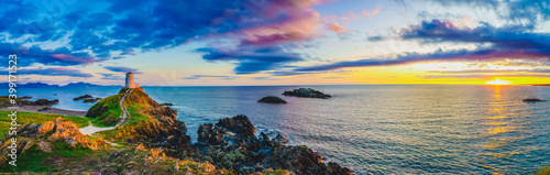 Obraz na plátně Sunset panorama of Lighthouse on Llanddwyn Island on the coast of Anglesey in No