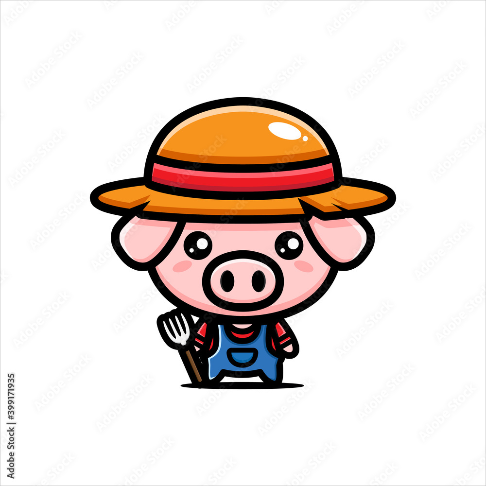 Vector design of cute pig character as farmer