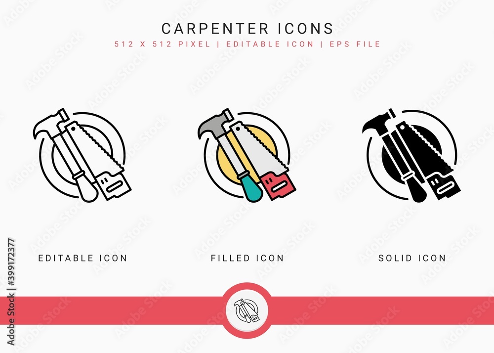 Obraz premium Carpenter icons set vector illustration with solid icon line style. Hammer tool building concept. Editable stroke icon on isolated background for web design, user interface, and mobile application