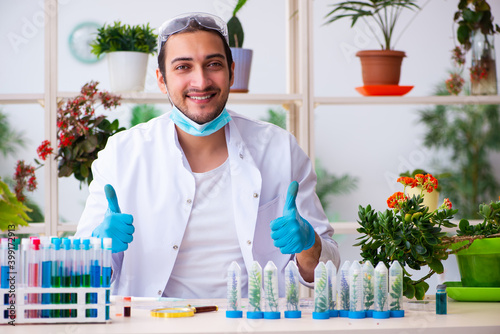 Canvas Print Young male chemist perfumer working in the lab