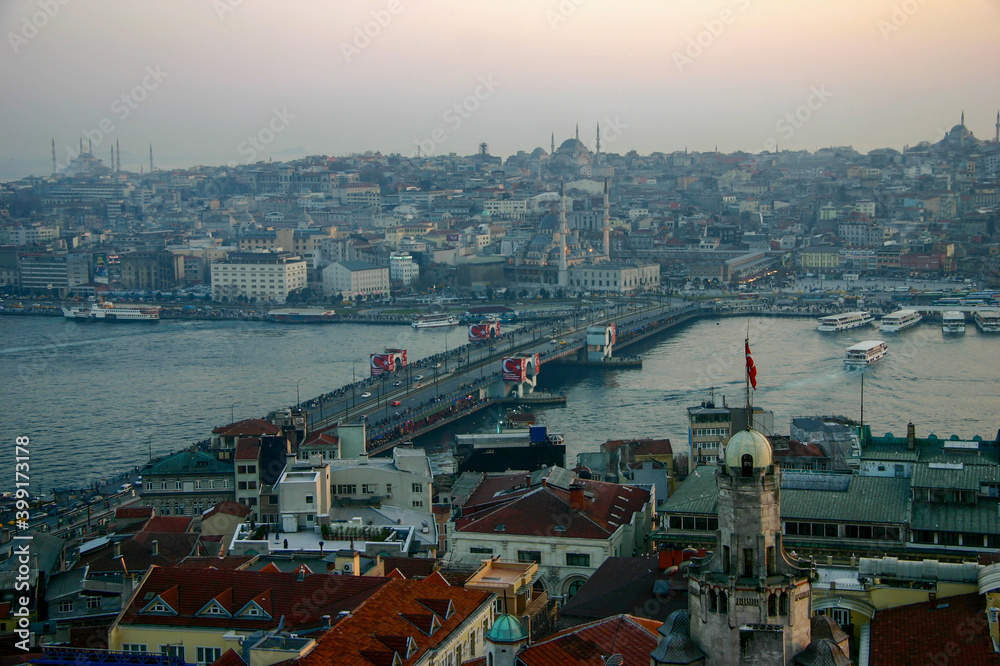 View of Istanbul City and the Galata bridge in the dusk