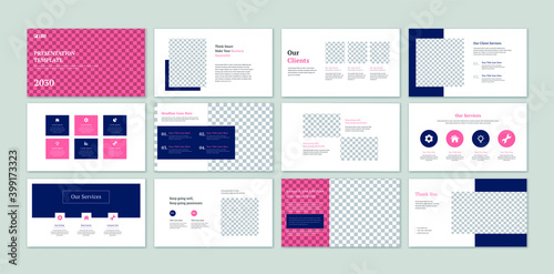 Business presentation slides with infographic elements