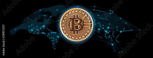 Golden bitcoin cryptocurrency on blue global hologram, futuristic digital money and technology, worldwide network concept, vector illustration.