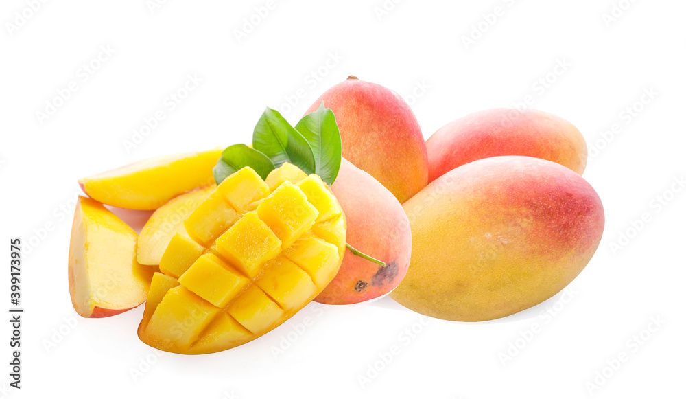 mango slice with green leaves isolated on white background. top view mango slice with green leaves isolated on white background. top view