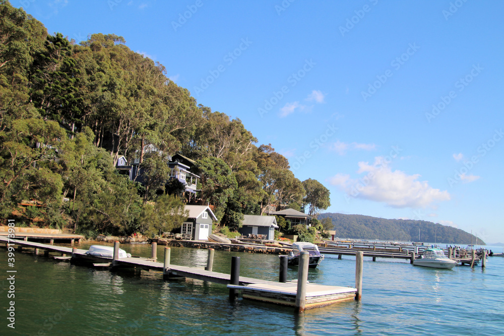 Naklejka premium Scotland Island on the Pittwater, with docks, jetties and boat houses, New South Wales, Australia