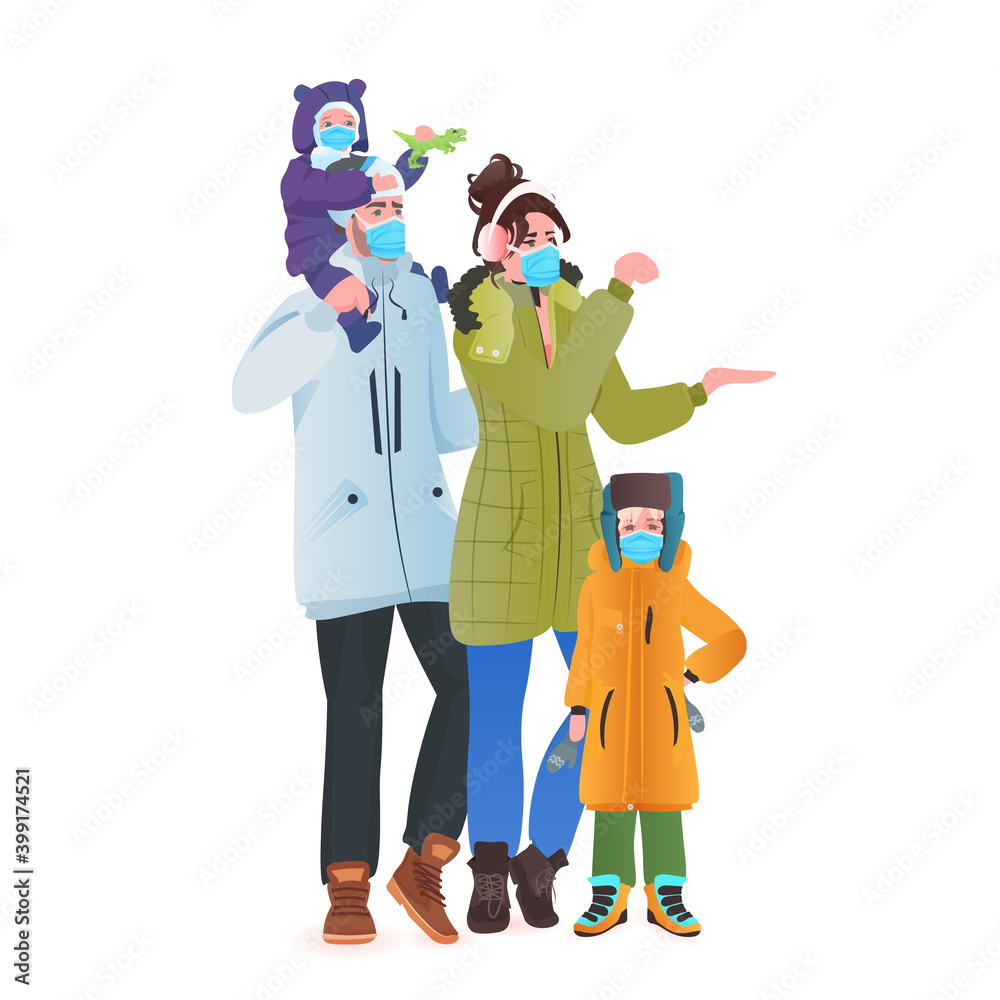 family in winter clothes wearing masks to prevent coronavirus pandemic parents with children standing together full length vector illustration family in winter clothes wearing masks to prevent coronavirus pandemic parents with children standing together full length vector illustration