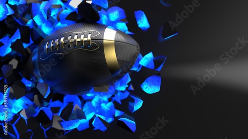 Gold-Black American Foot ball ball on cracked black blue illuminated wall under black background. 3D illustration. 3D high quality rendering. 3D CG.