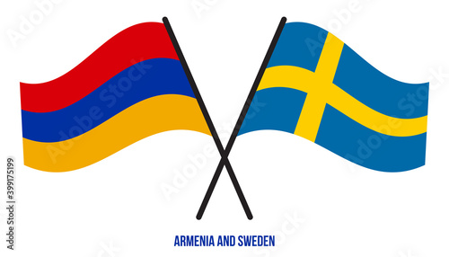 Armenia and Sweden Flags Crossed And Waving Flat Style. Official Proportion. Correct Colors.