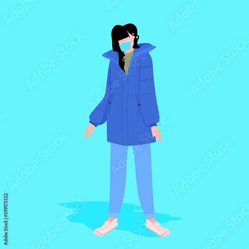 woman in casual winter clothes wearing mask to prevent coronavirus pandemic covid-19 quarantine concept full length vector illustration