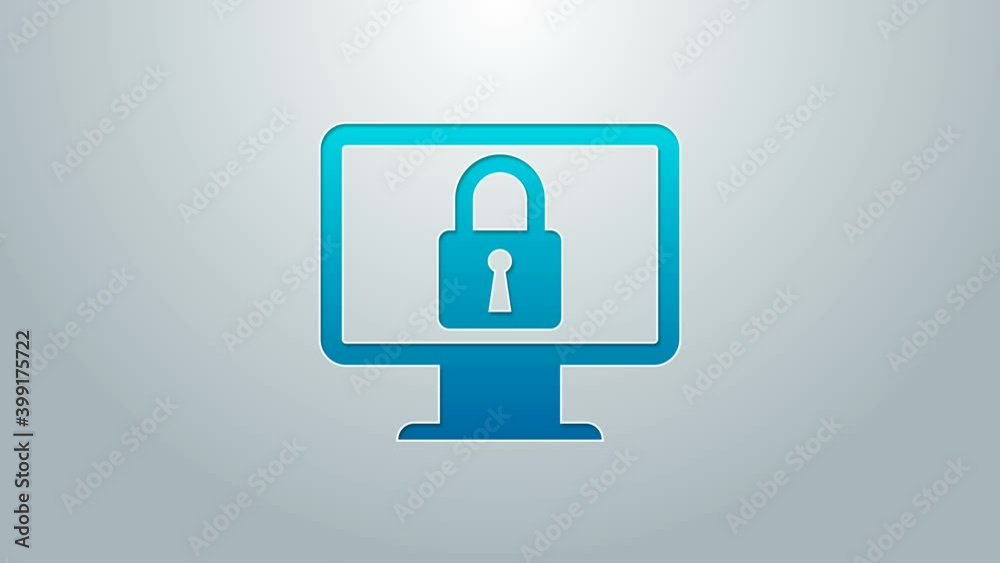 Blue line Lock on computer monitor screen icon isolated on grey background. Monitor and padlock. Security, safety, protection concept. Safe internetwork. 4K Video motion graphic animation Blue line Lock on computer monitor screen icon isolated on grey background. Monitor and padlock. Security, safety, protection concept. Safe internetwork. 4K Video motion graphic animation