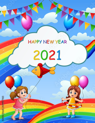 New Year 2021 poster design with kids on rainbow