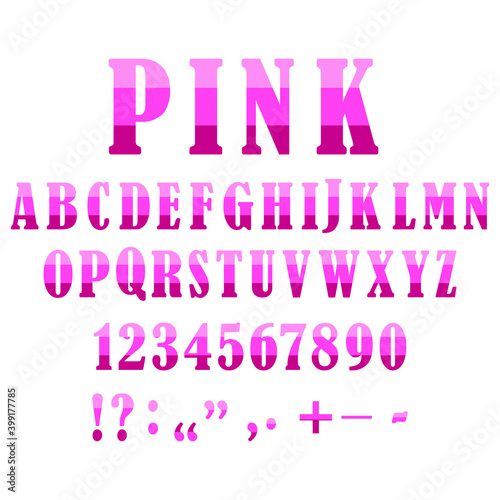 Vintage abstract alphabet with pink letters on light background. Punctuation marks and numbers. Stock image. EPS10.