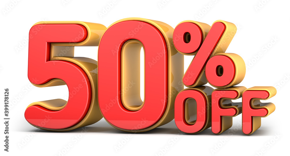 Red and yellow text, 50% off isolated on white background. Off 50 percent. Sales concept. 3d illustration. Red and yellow text, 50% off isolated on white background. Off 50 percent. Sales concept. 3d illustration.