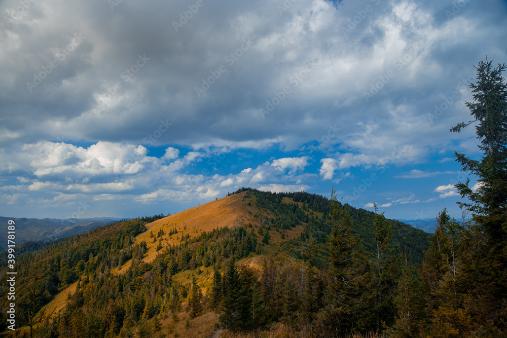 mountain panorama landscape nature photography spring March day time season wilderness environment space scenery view of highland ridge and pine trees in moody cloudy dramatic weather