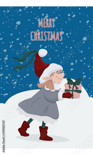 Cute christmas postcard with an elf girl carrying a gift box. Vector illustration