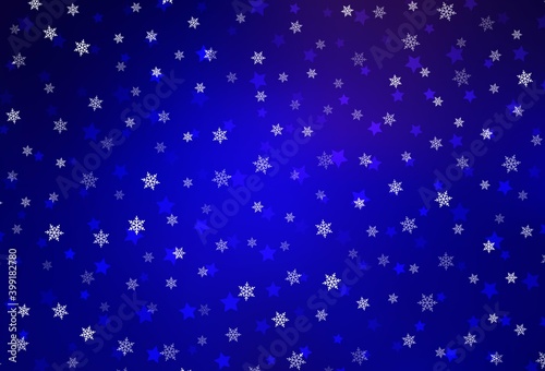 Dark BLUE vector pattern with christmas snowflakes, stars.