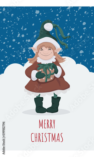 Cute christmas postcard with an elf girl standing and carrying a gift box. Vector illustration