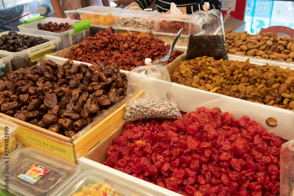 Dried berries and fruits at market in Thailand