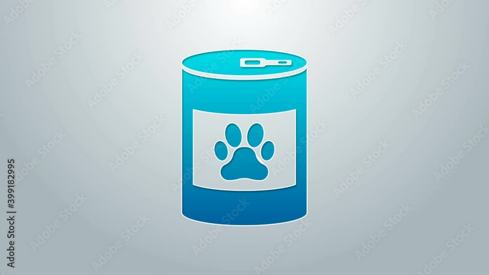 Blue line Canned food icon isolated on grey background. Food for animals. Pet food can. Dog or cat paw print. 4K Video motion graphic animation Blue line Canned food icon isolated on grey background. Food for animals. Pet food can. Dog or cat paw print. 4K Video motion graphic animation