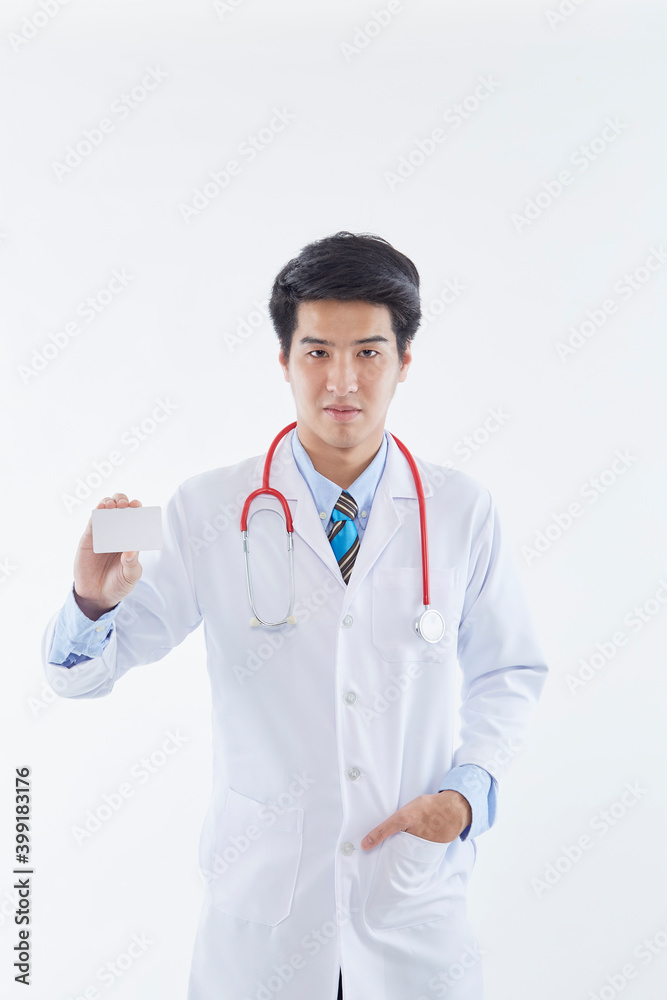 Young Asian doctor showing card Young Asian doctor showing card