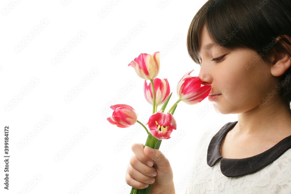 Girl with bouquet of tulips on isolated background