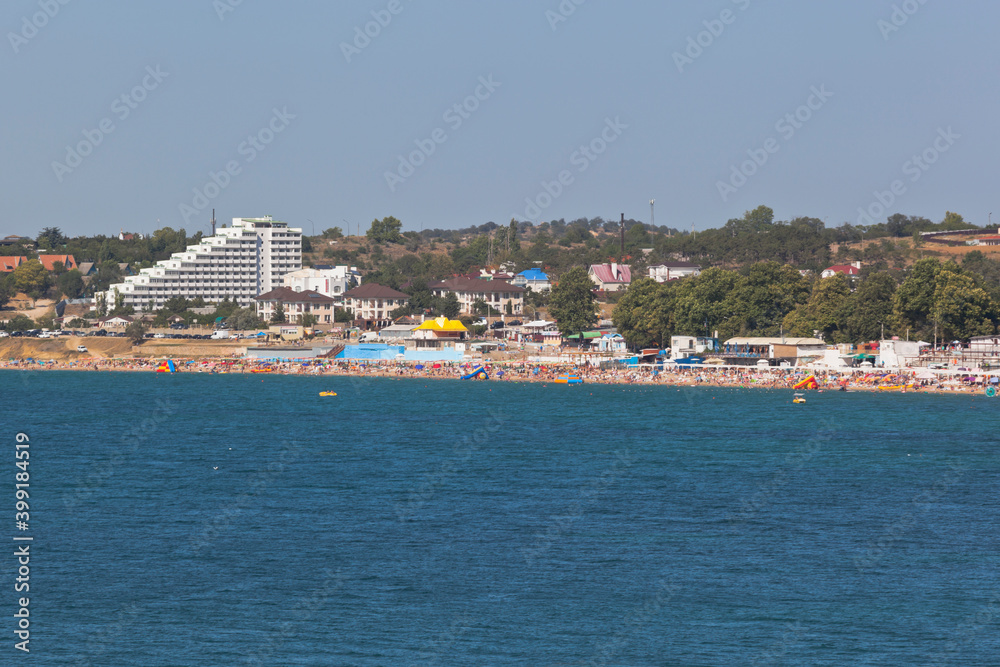 View of Uchkuevka beach from Tolstyak beach in the city of Sevastopol, Crimea
