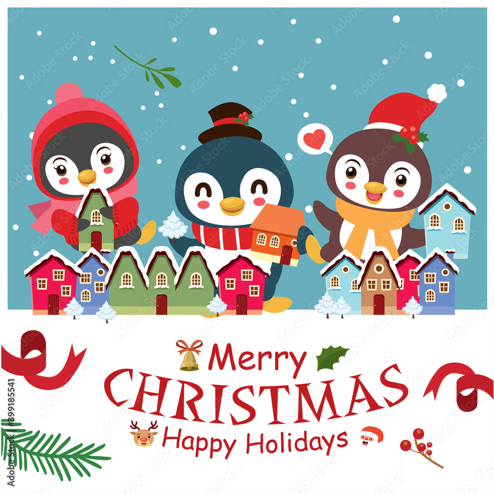 Fototapeta premium Vintage Christmas poster design with vector penguin, snowman, reindeer, Santa Claus characters.