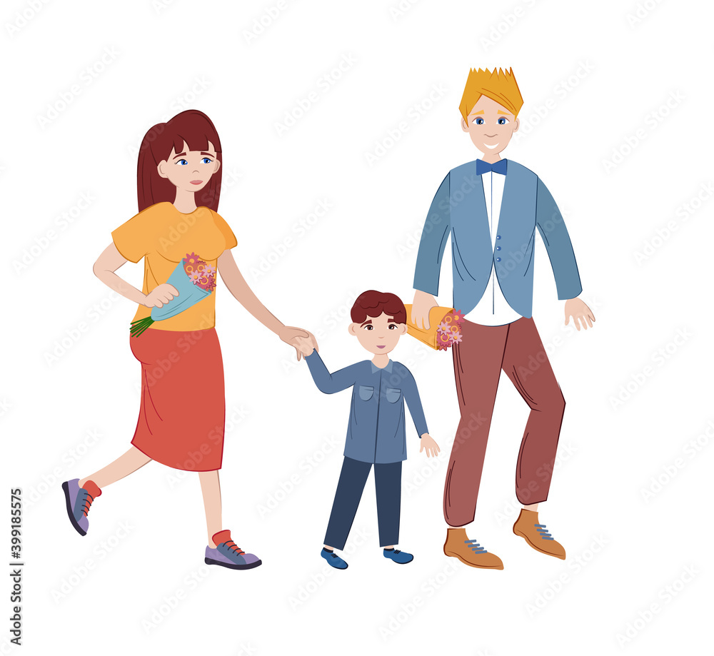 Parents with bouquets of flowers are leading child to school. Parents with bouquets of flowers are leading child to school.