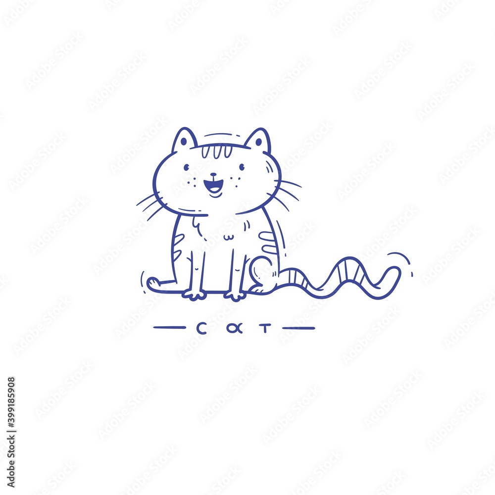 Card with cute cartoon cat. Funny doodle kitten. Vector contour image. Playful animal print. Card with cute cartoon cat. Funny doodle kitten. Vector contour image. Playful animal print.