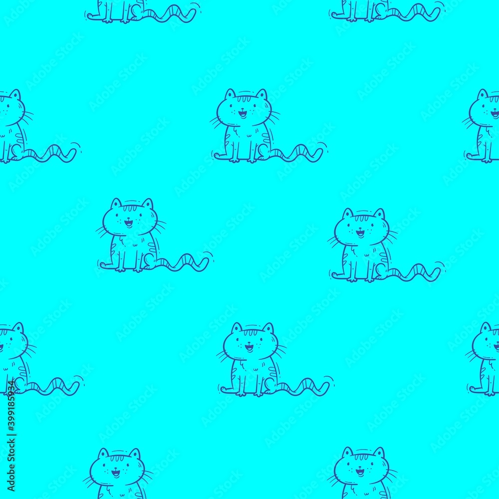 Seamless pattern with cute cartoon cats on  blue background. Wallpaper with funny kittens. Doodle animal print.