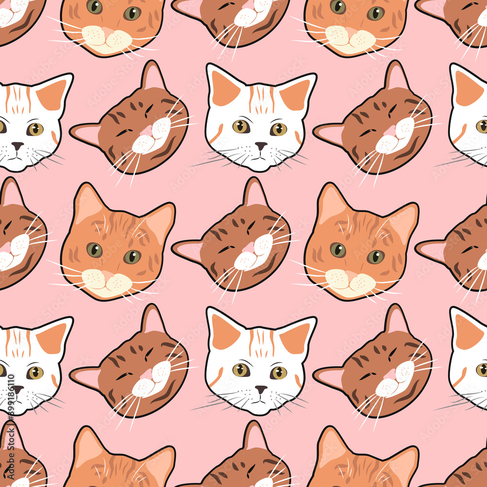 cute seamless pattern with hand drawn various cat faces on pink background. pattern for printing on fabric, wrapping paper, clothing, backgrounds for websites and applications