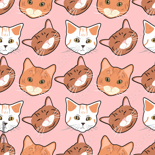cute seamless pattern with hand drawn various cat faces on pink background. pattern for printing on fabric, wrapping paper, clothing, backgrounds for websites and applications