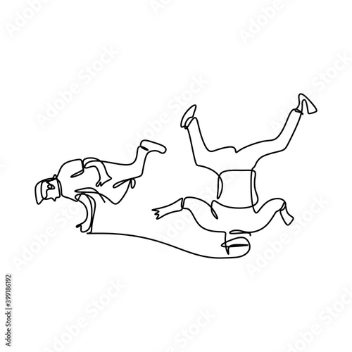One continuous line drawing young modern street dancer man performing hip hop dance on the stage. Young male doing break dance. Sport dance concept. Minimalist design vector illustration