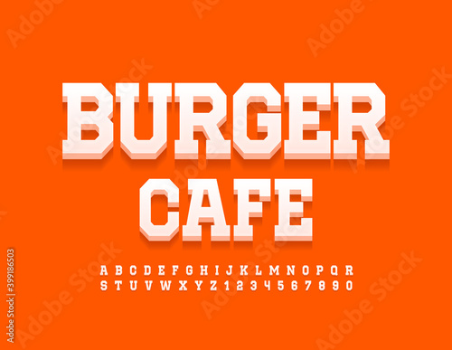 Vector modern logo Burger Cafe with 3D White Font. Stylish set of Alphabet Letters and Numbers