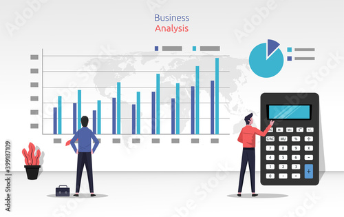 Business analysis concept with two businessmen review and analyzing input data vector illustration.