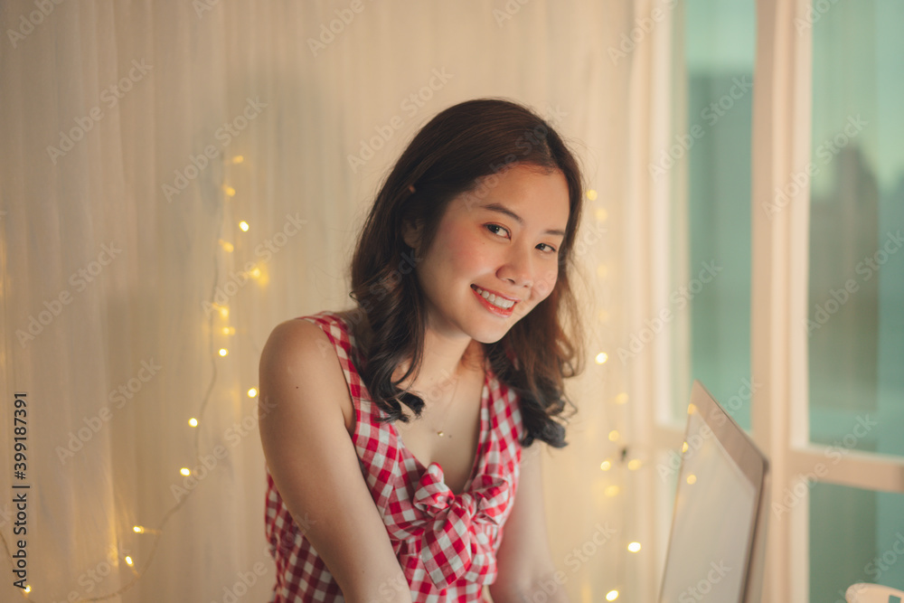 Fototapeta premium Beauty asian woman black hair prepare to celebrate christmas party online with friend.