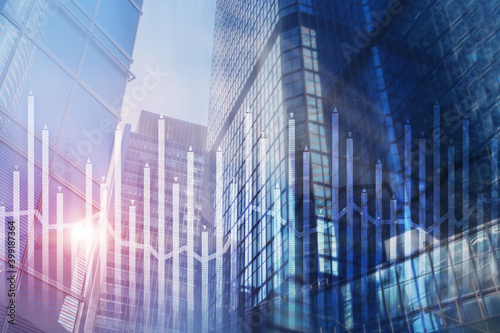 Histogram and lines economic chart of financial instrument on modern metropolis. Up and down arrows.