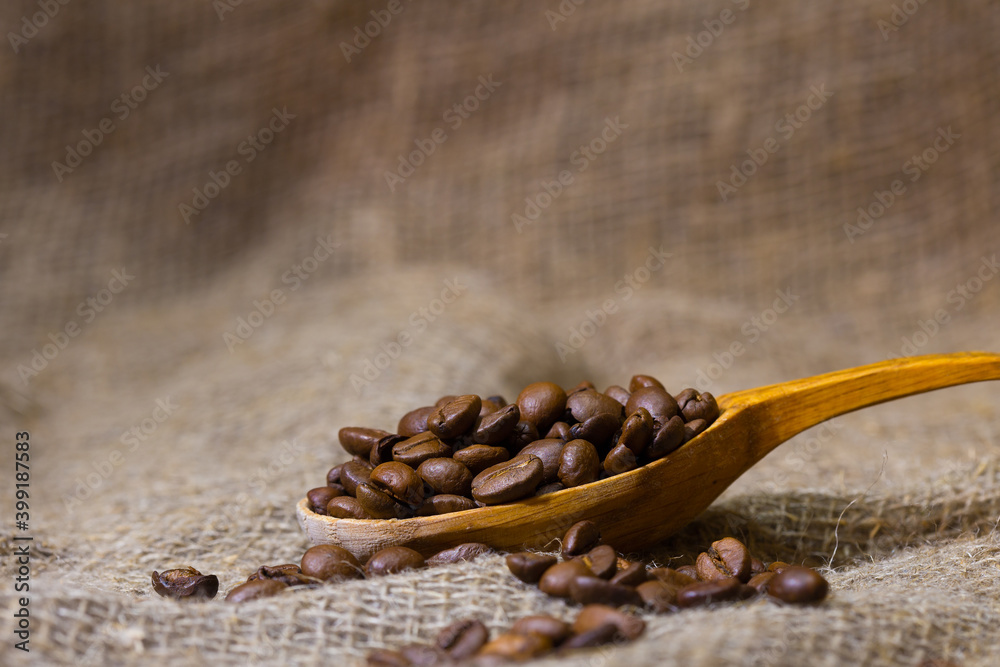 Fototapeta premium Coffee beans lie in a wooden spoon on a rough cloth background.