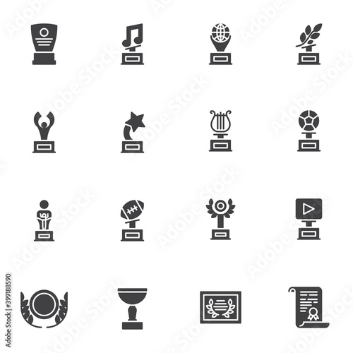 Awards and trophy vector icons set, modern solid symbol collection, filled style pictogram pack. Signs, logo illustration. Set includes icons as laurel branch, sport prize, champion cup, festival cup