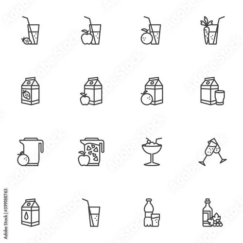 Soft drinks line icons set, outline vector symbol collection, linear style pictogram pack. Signs, logo illustration. Set includes icons as smoothie, fruit juice pack, water glass, cocktail