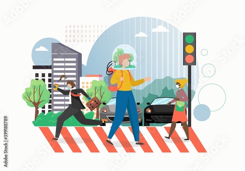 Man walks on a street with fresh air helmet. People wearing mask to protect covid coronavirus. Air pollution concept vector illustration. Respiratory system