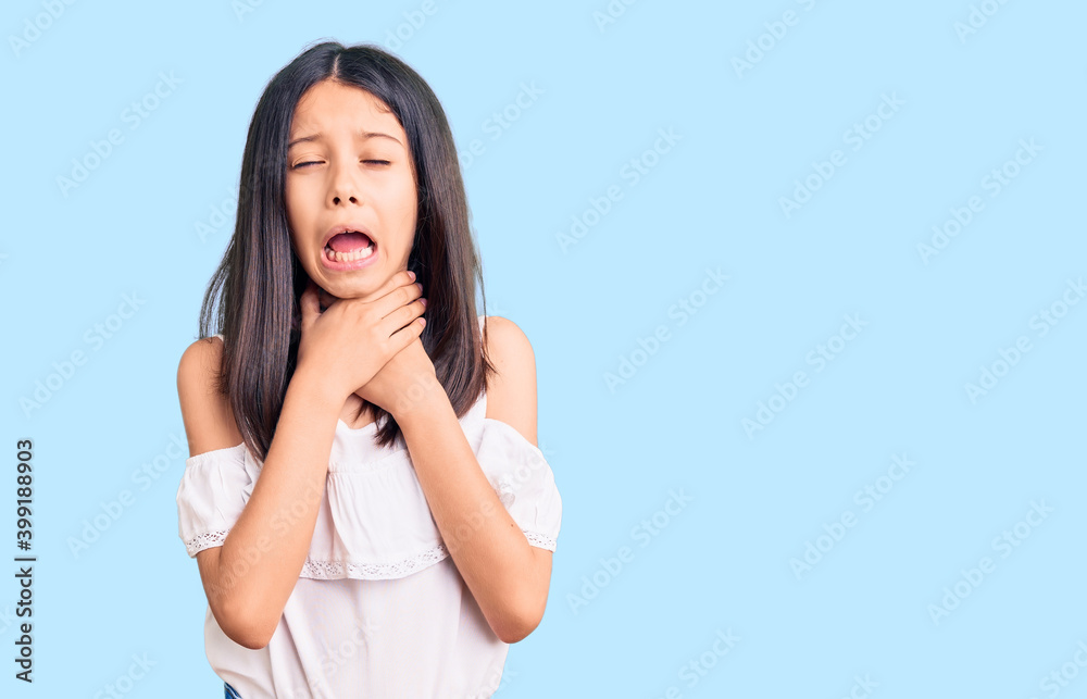 Beautiful child girl wearing casual clothes shouting and suffocate because painful strangle. health problem. asphyxiate and suicide concept. Beautiful child girl wearing casual clothes shouting and suffocate because painful strangle. health problem. asphyxiate and suicide concept.