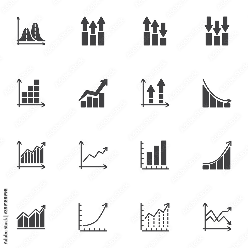 Fototapeta premium Chart and graph vector icons set, modern solid symbol collection, filled style pictogram pack. Signs, logo illustration. Set includes icons as business infographic, graph diagram statistics