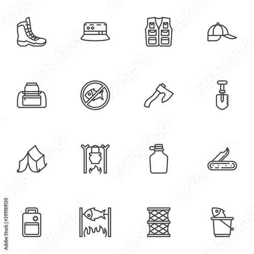 Fishing and hunting line icons set, outline vector symbol collection, linear style pictogram pack. Signs, logo illustration. Set includes icons as hiking boot, vest, camping tent, knife, fish, hat