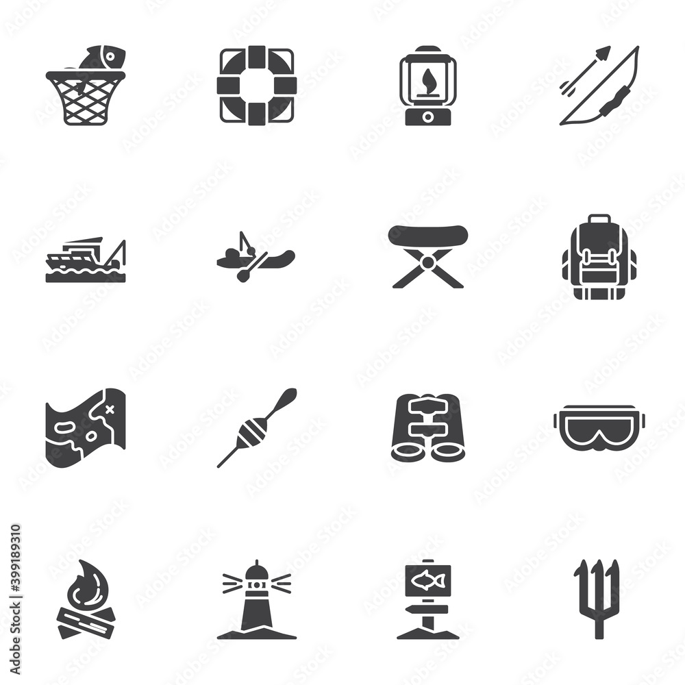 Camping and fishing vector icons set, modern solid symbol collection, filled style pictogram pack. Signs, logo illustration. Set includes icons as hunting, hiking, backpack, campfire, binoculars