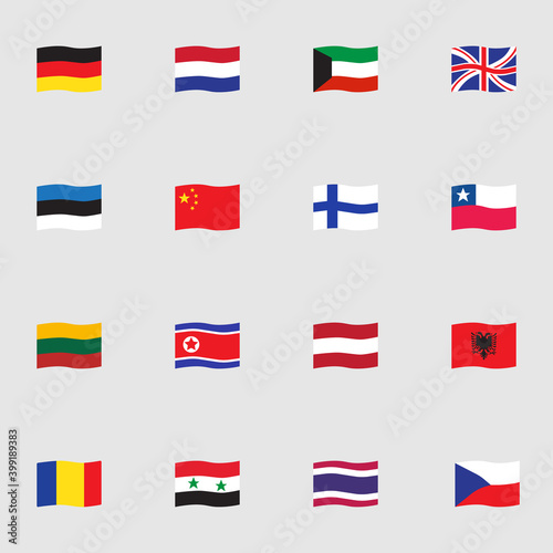World flags collection, flat icons set, Colorful symbols pack contains - germany, netherlands, china, kuwait, great britain, finland, estonia. Vector illustration. Flat style design